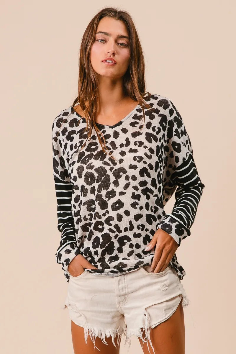 BiBi Leopard Hacci Knit Twist Back Top With Stripe Sleeve OutfitFlow