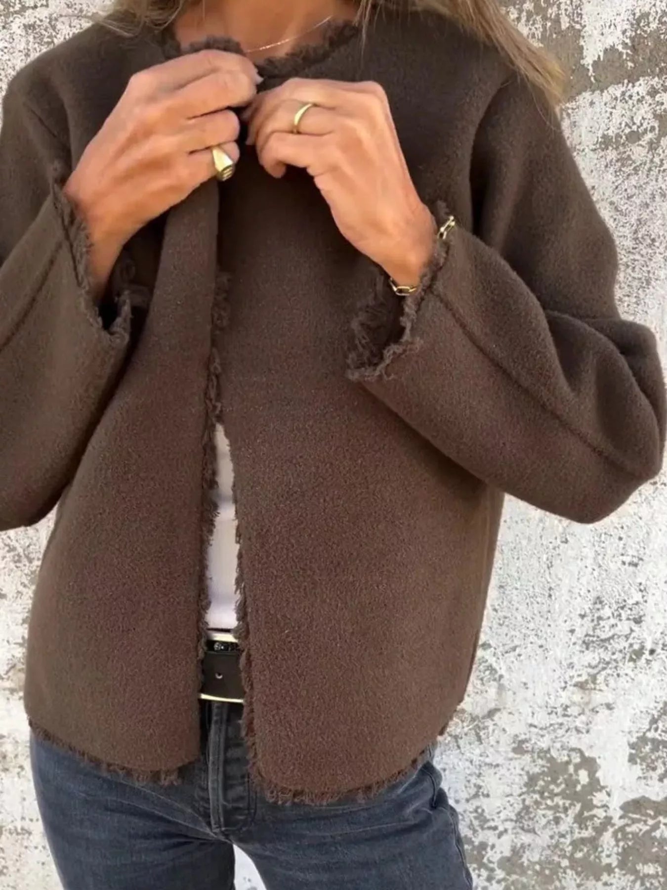 Full Size One Button Frayed Edge Cardigan Plus Size Brown OutfitFlow