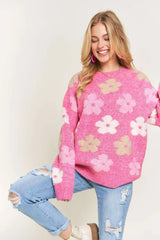 ADORA Full Size Floral Popped 2-Tone Sweater Top Plus Size OutfitFlow