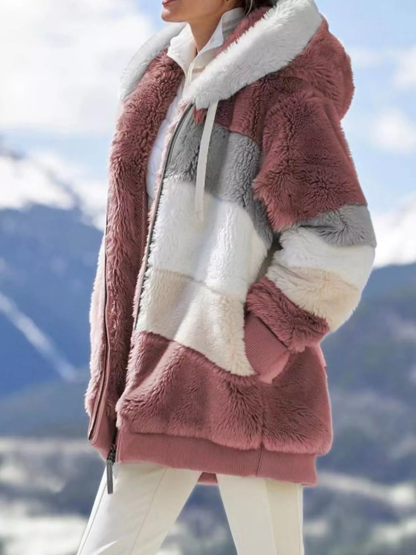 Full Size Fuzzy Zip Up Hooded Outerwear Plus Size OutfitFlow