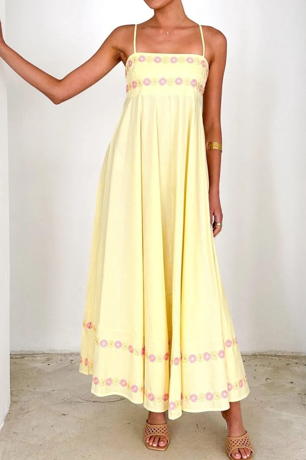 Floral Embroidered Spaghetti Strap Maxi Dress OutfitFlow