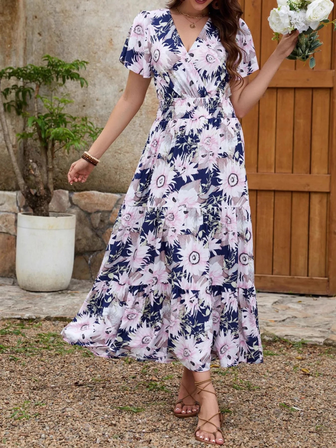 Floral Print Surplice Midi Dress OutfitFlow