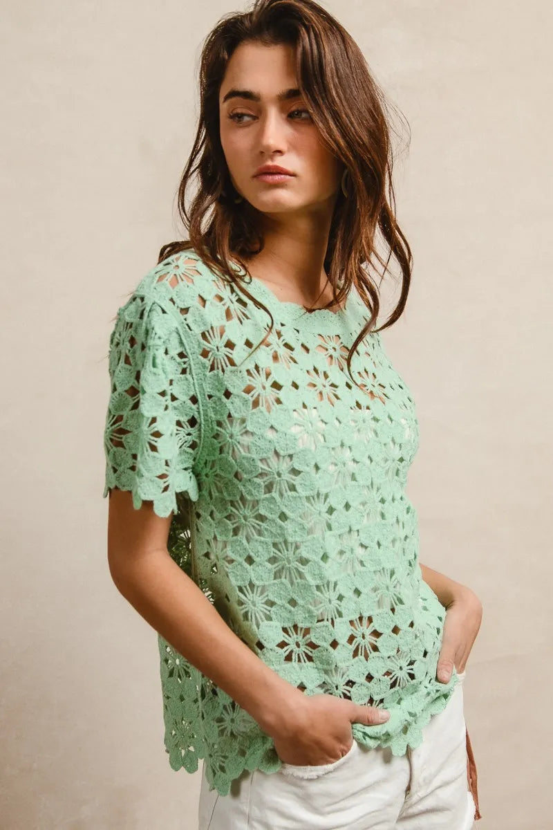 BiBi Openwork Crochet Short Sleeve Knit Top OutfitFlow