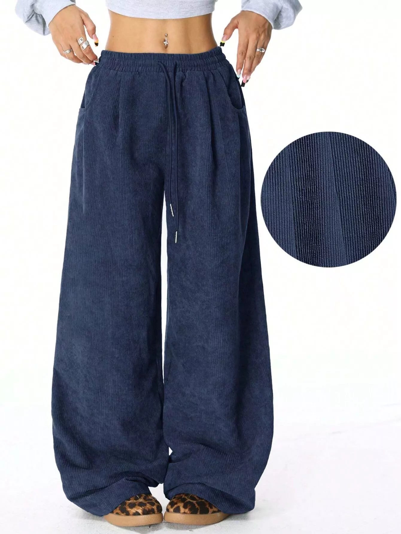 Corduroy Wide Leg Pants Dark Blue OutfitFlow