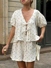 Floral Print Tie-Front Top and Shorts Set OutfitFlow