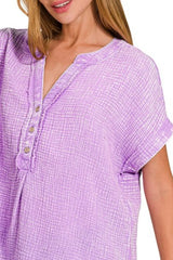 Zenana Washed Double Gauze 3/4 Button Henley Neck Shirt OutfitFlow