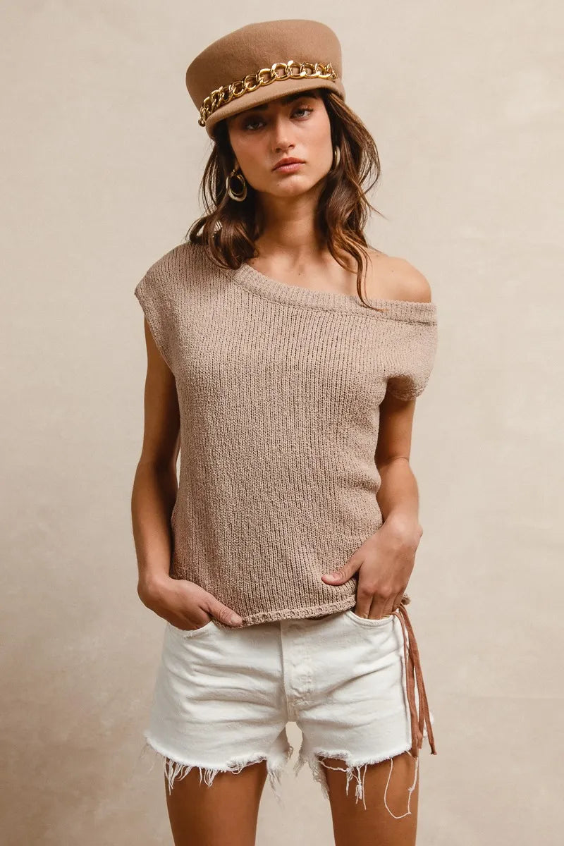 BiBi One Side Off Shoulder Knit Top OutfitFlow
