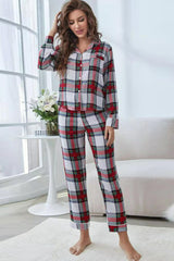 Outfit Flow - Plaid Button Front Top and Pants Lounge Set