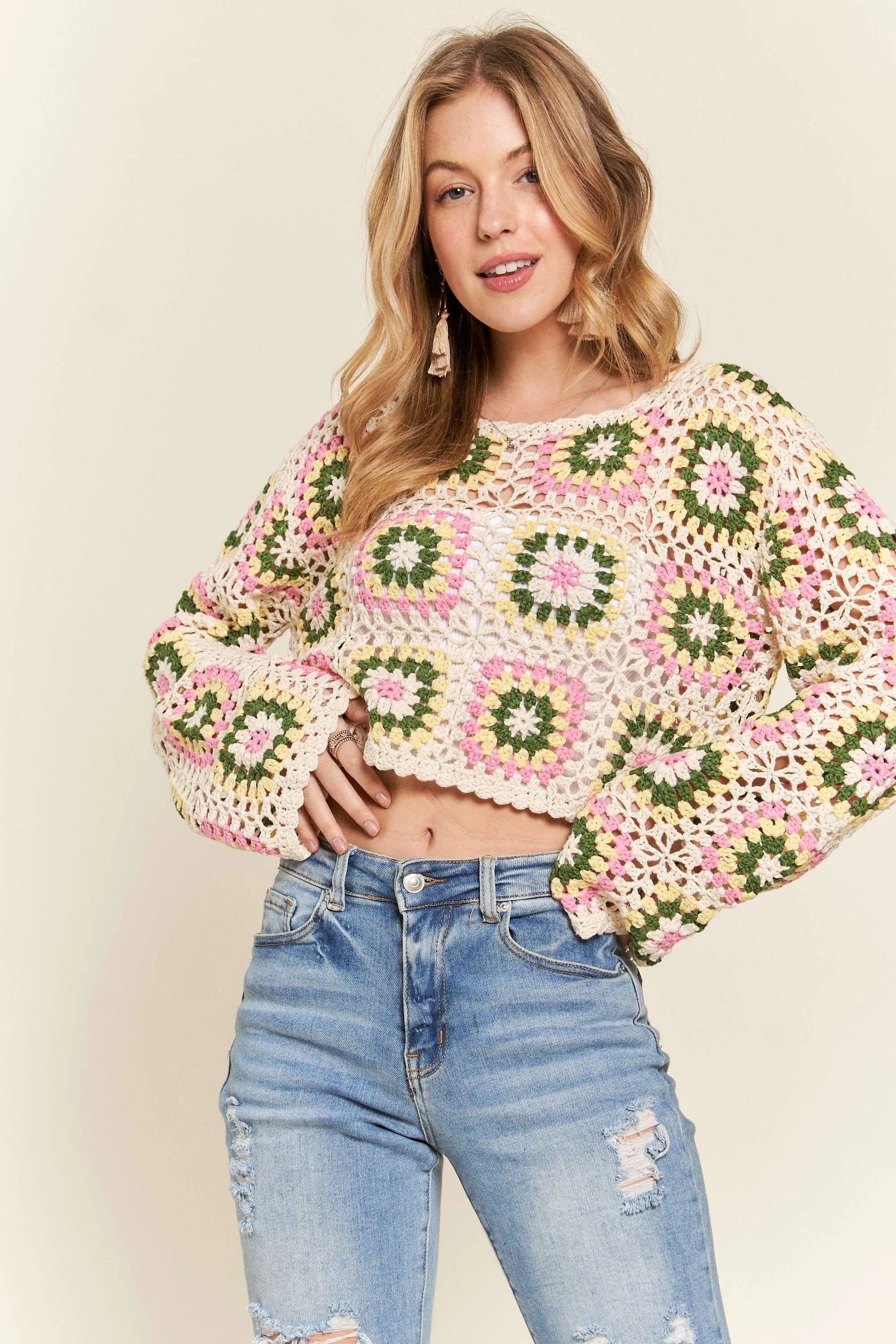 ADORA Multicolor Crochet Crop Top OutfitFlow