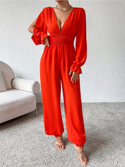 Outfit Flow - Honey Plunge Smocked Flounce Sleeve Jumpsuit