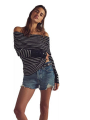 Striped Off-Shoulder Long Sleeve Knit Top OutfitFlow