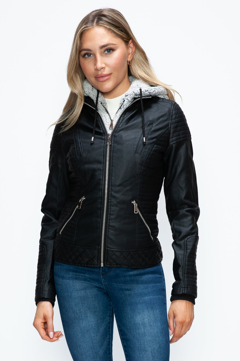 Outfit Flow - YMI Faux Layered Double-Zipper Jacket with Fuzzy Hood