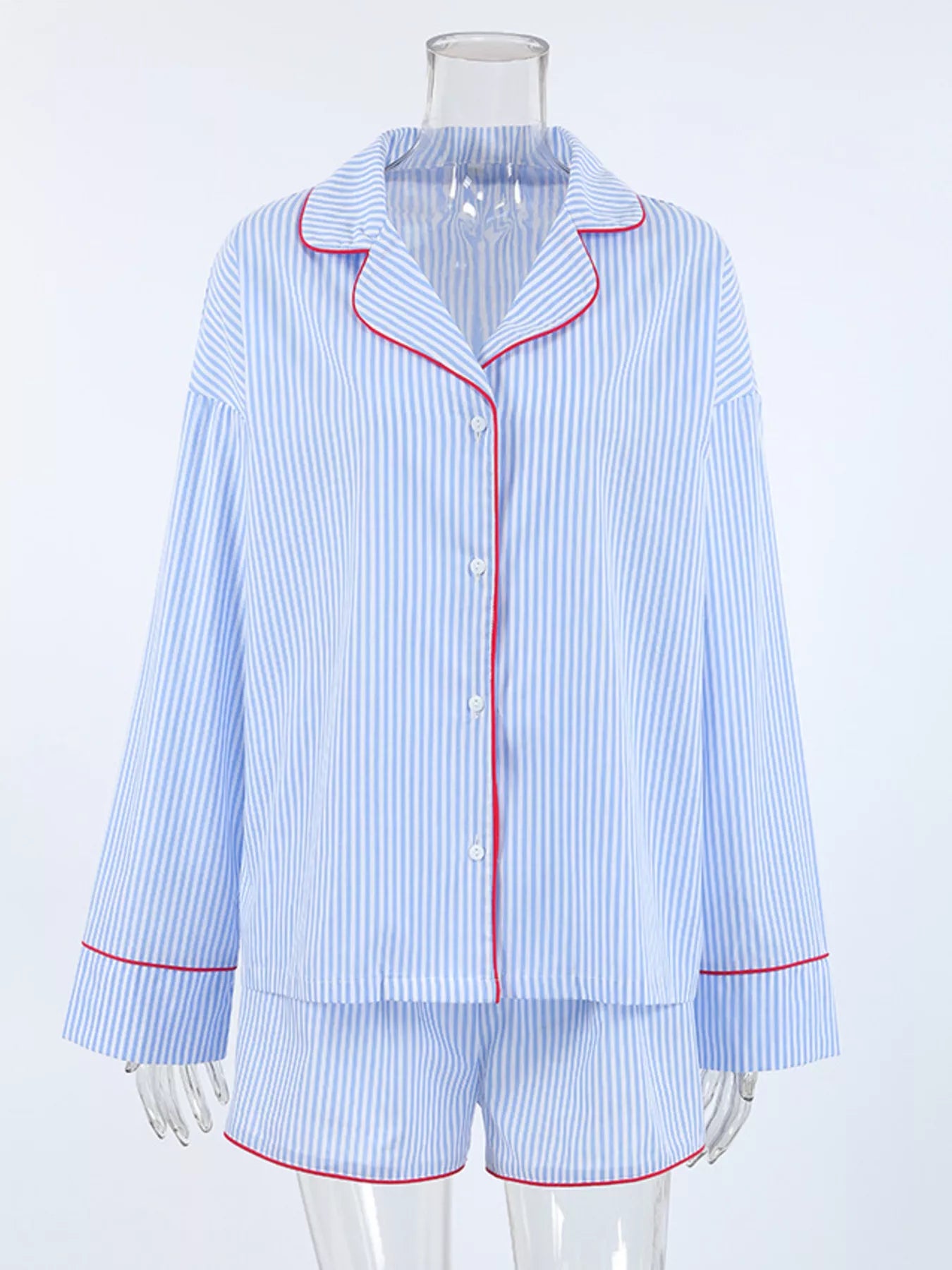 Striped Button Up Shirt and Shorts Lounge Set OutfitFlow