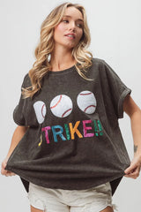 BiBi Sequin Baseballs Strike Washed Short Sleeve Top OutfitFlow