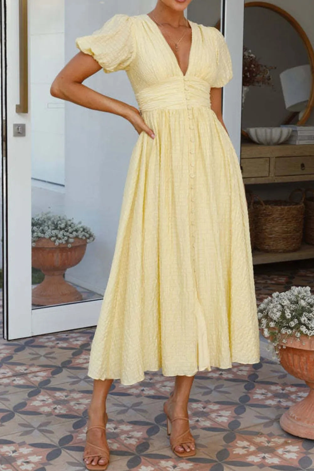 V-Neck Puff Short Sleeve Midi Dress OutfitFlow