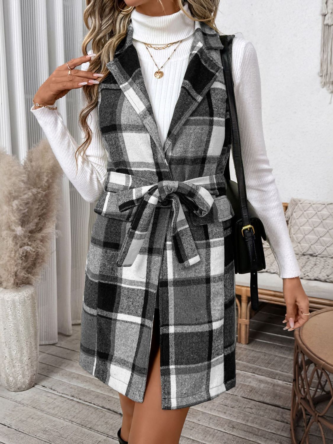 Outfit Flow - Perfee Tied Plaid Vest Coat