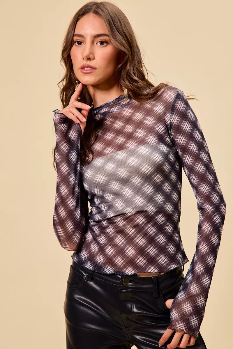 SO ME Plaid Mesh Knit Long Sleeve Top with Thumb Opening BLACK OutfitFlow