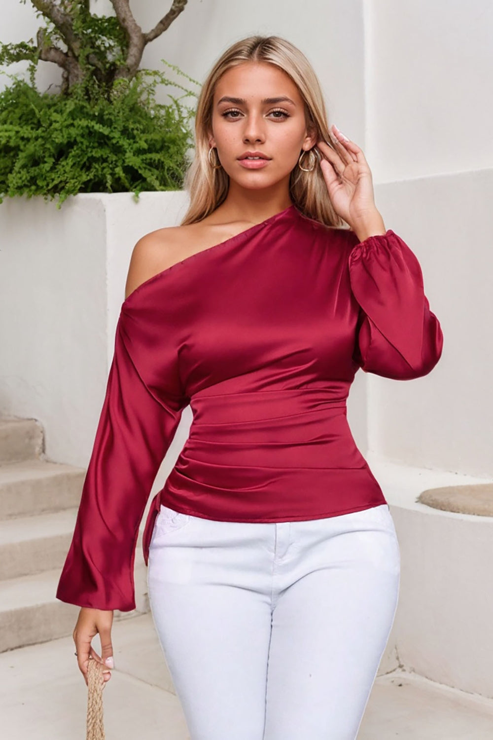 Drawstring One Shoulder Long Sleeve Blouse Deep Red OutfitFlow
