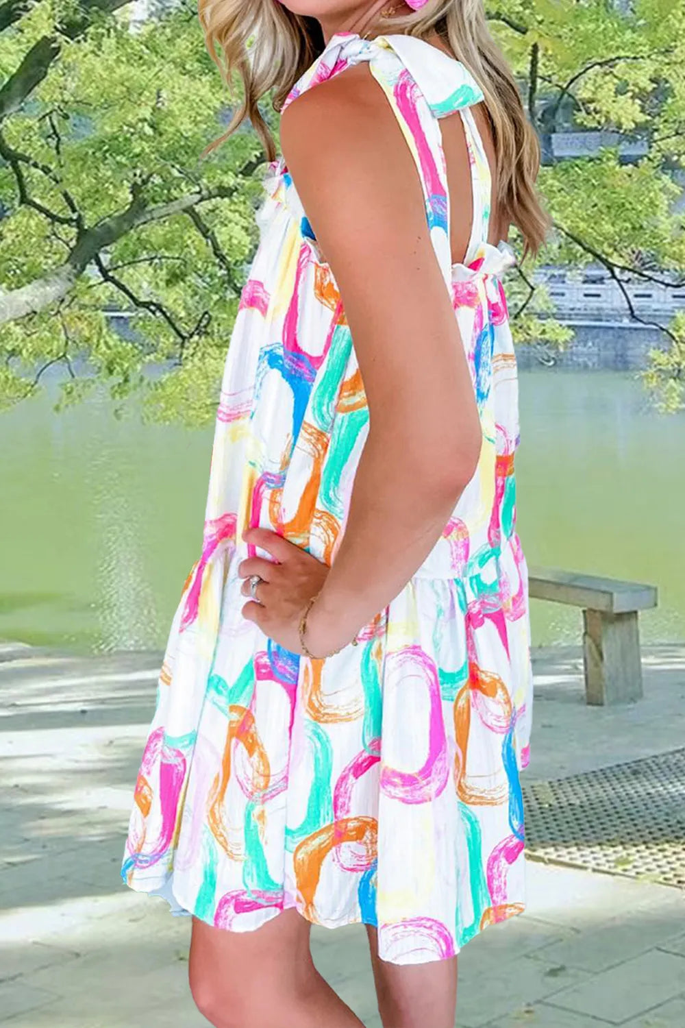 Tied Printed Sleeveless Mini Dress OutfitFlow