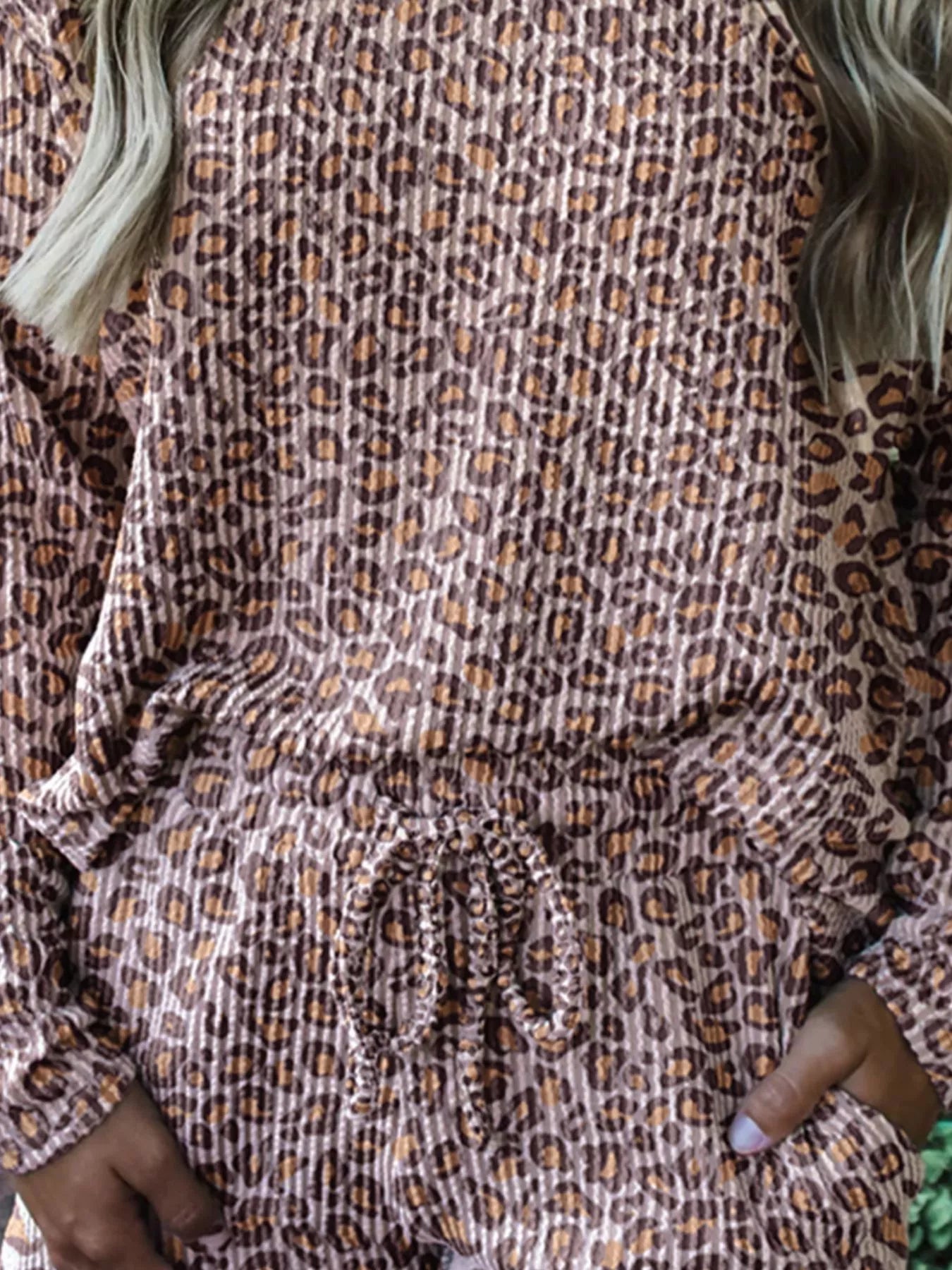 Leopard Ribbed Long Sleeve Top Drawstring Shorts 2pcs Outfit OutfitFlow