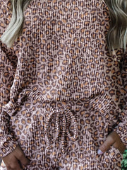 Leopard Ribbed Long Sleeve Top Drawstring Shorts 2pcs Outfit OutfitFlow