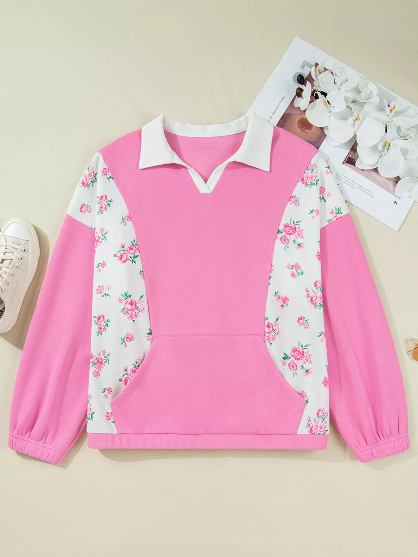 Plus Size Contrast Polo Collar Floral Patchwork Elastic Cuffs Long Sleeve Top Trendsi