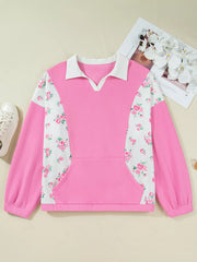 Plus Size Contrast Polo Collar Floral Patchwork Elastic Cuffs Long Sleeve Top Trendsi