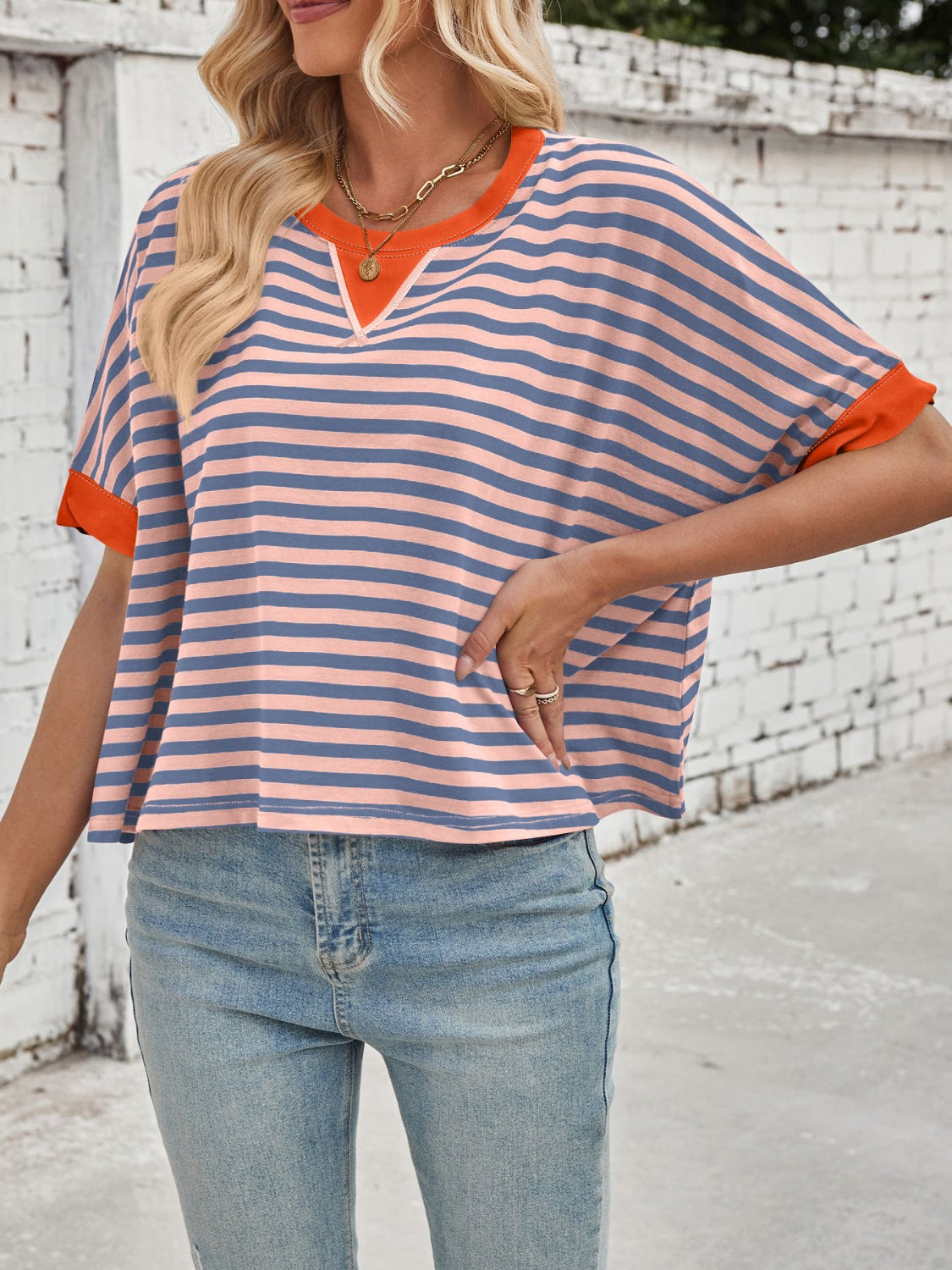 Outfit Flow - Lovelet Striped Round Neck Short Sleeve T-Shirt