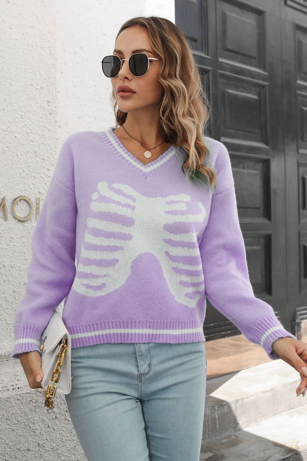 Skeleton Pattern V-Neck Long Sleeve Pullover Sweater OutfitFlow