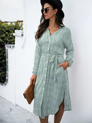 Button Down Printed Long Sleeve Shirt Dress Sage OutfitFlow