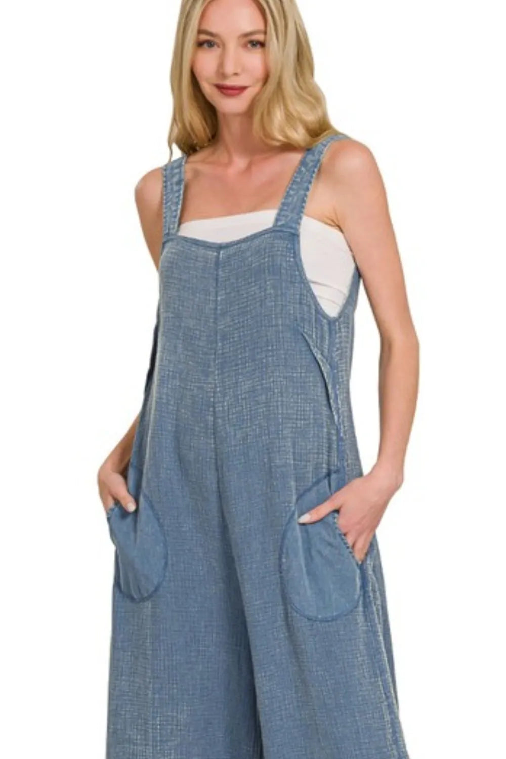 Zenana Double Gauze Washed Wide Leg Overalls OutfitFlow