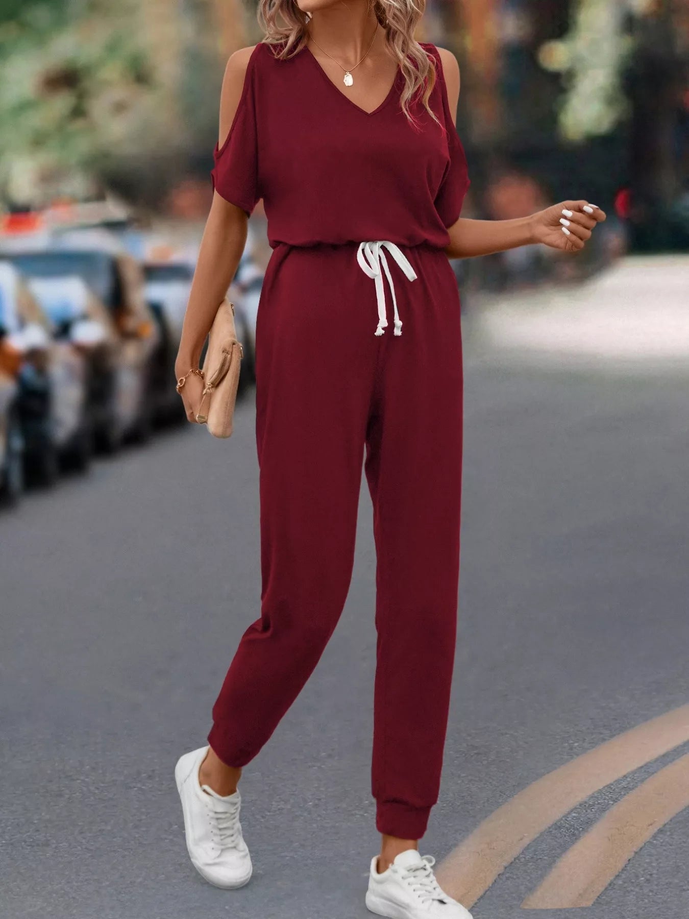 Cold Shoulder V-Neck Drawstring Waist Jumpsuit Trendsi