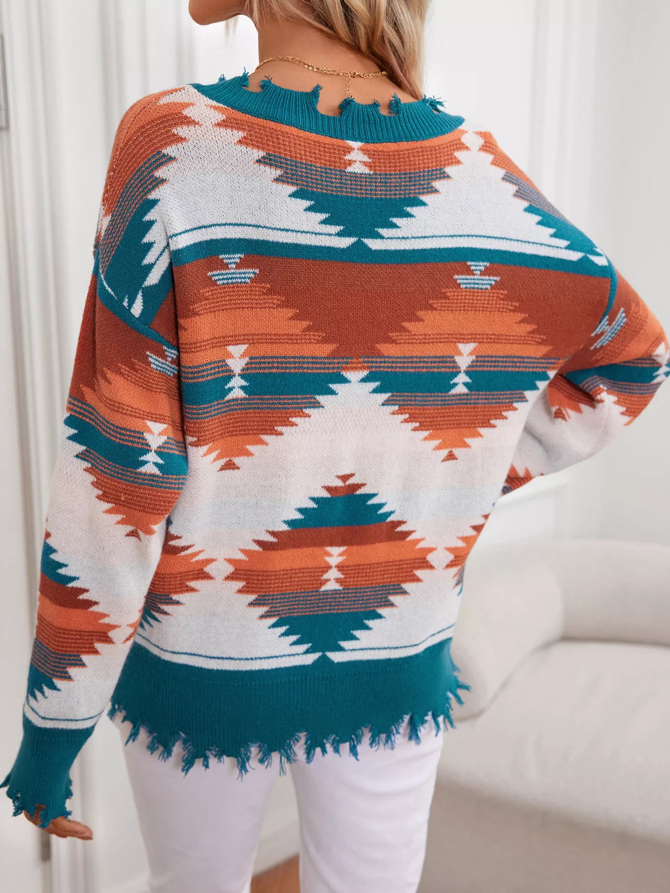 Geometric Frayed Hem V-Neck Long Sleeve Sweater OutfitFlow
