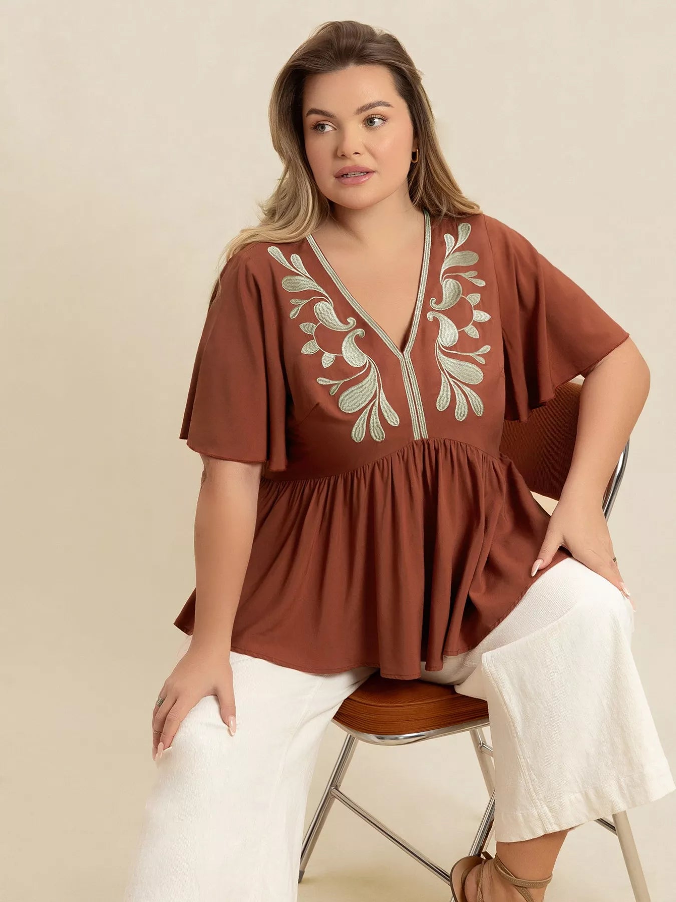 Plus Size Embroidered V-Neck Flutter Sleeve Blouse OutfitFlow