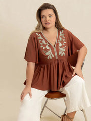 Plus Size Embroidered V-Neck Flutter Sleeve Blouse OutfitFlow