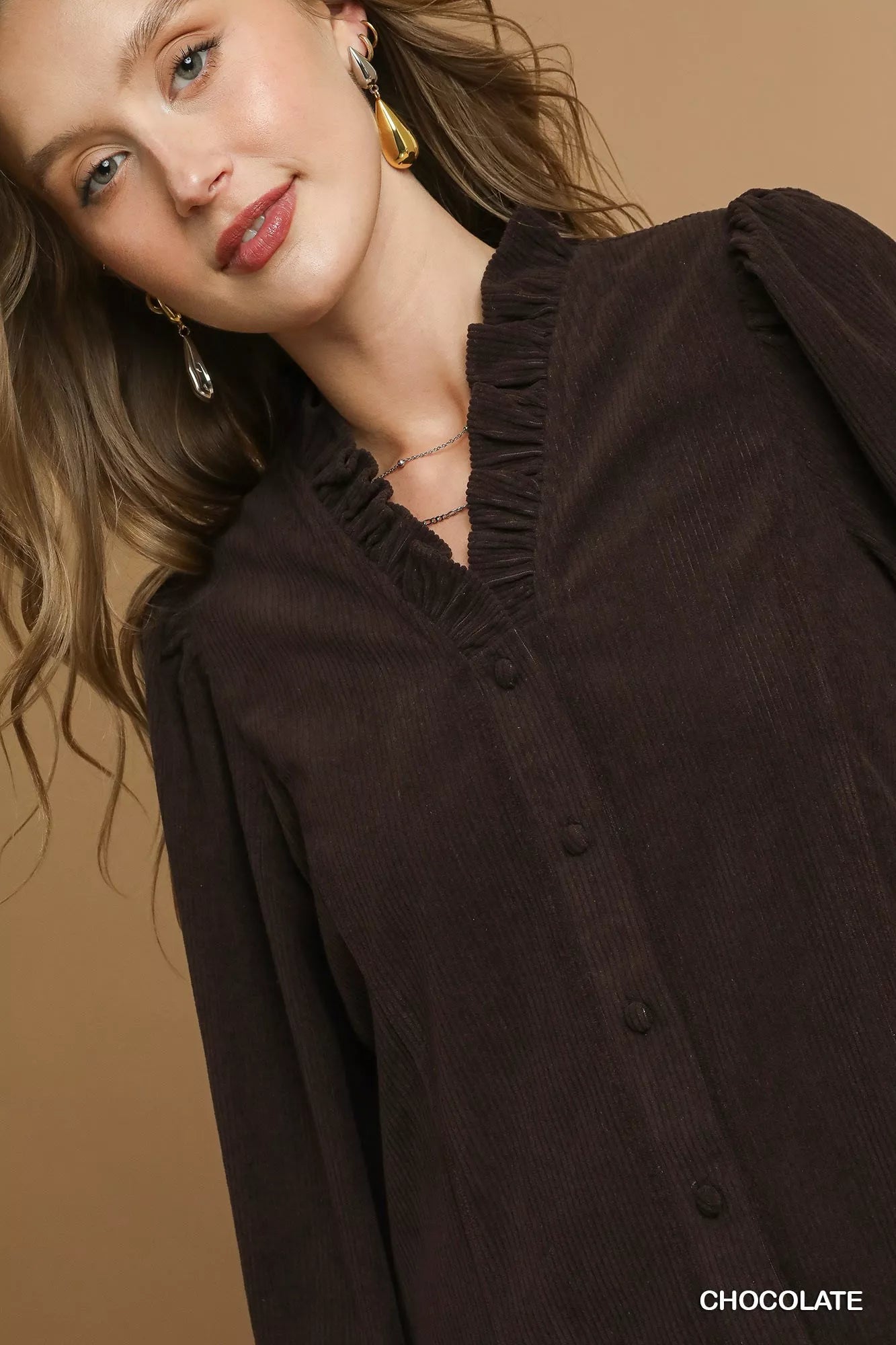 Umgee Corduroy Ruffle Shirt with Long Puff Sleeves OutfitFlow