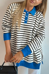 Striped Polo Collar Long Sleeve Sweatshirt Stripe OutfitFlow