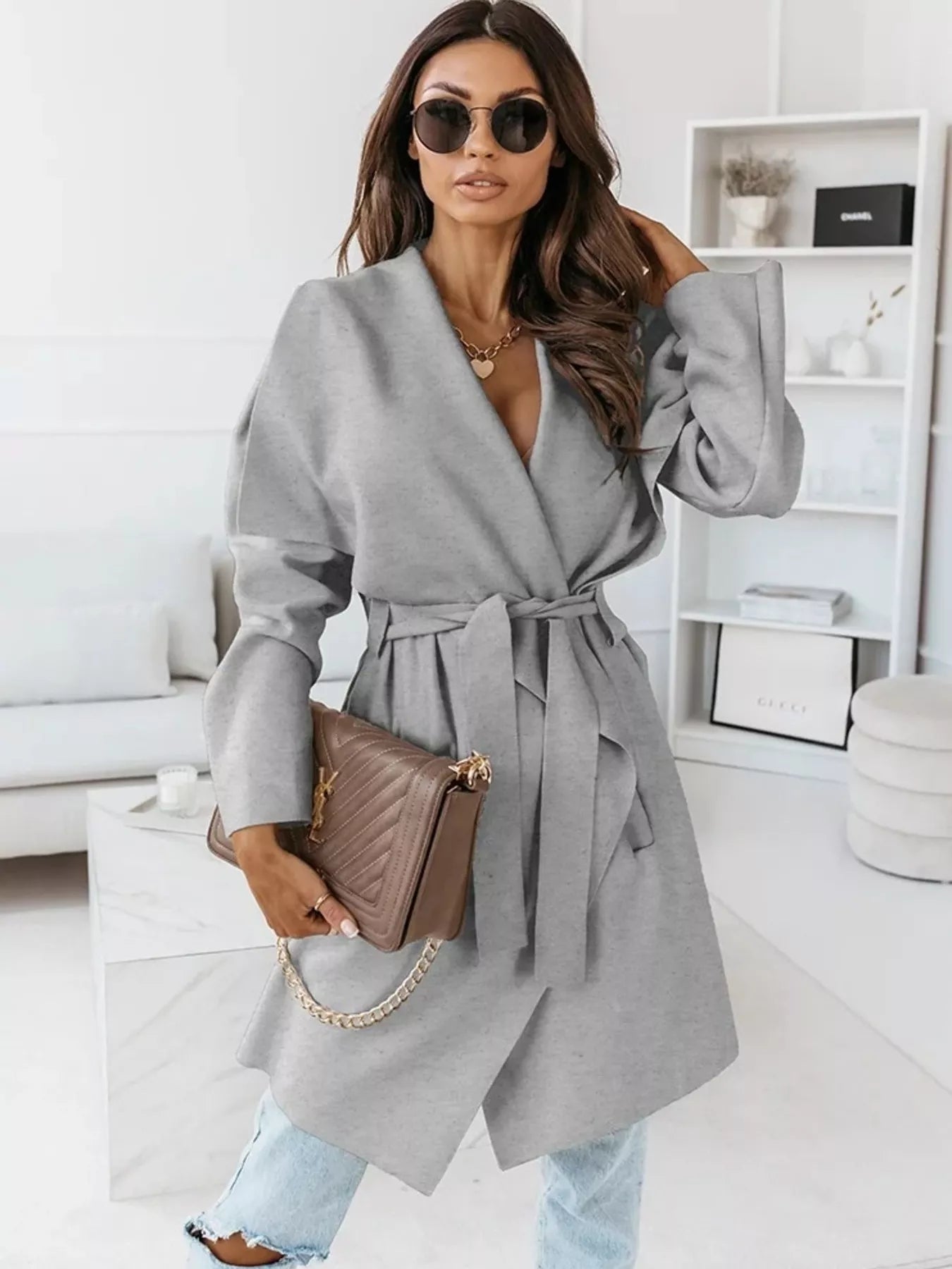 Tie Waist Long Sleeve Outerwear OutfitFlow