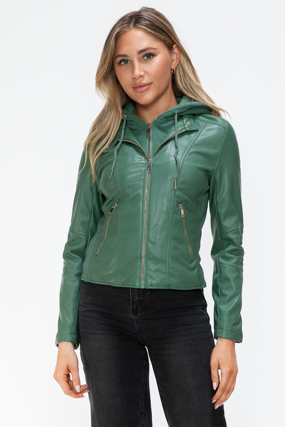 Outfit Flow - Snobbish Faux Leather Zip Up Drawstring Hooded Jacket