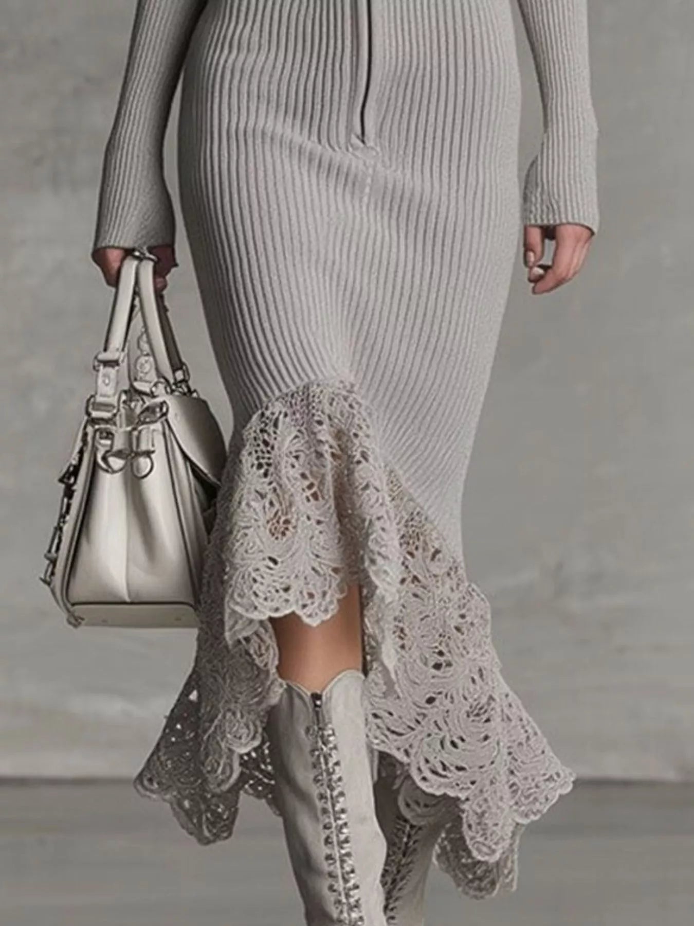 Hooded Ribbed Knit Lace Hem Midi Dress Trendsi