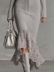 Hooded Ribbed Knit Lace Hem Midi Dress Trendsi
