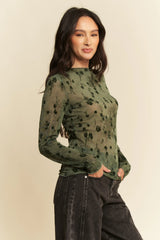 Davi & Dani Floral Mesh Long Sleeve Sheer Layering Top OutfitFlow