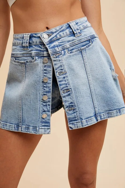 Annie Wear Button Detail Stretch Denim Wrap Mini Skort OutfitFlow