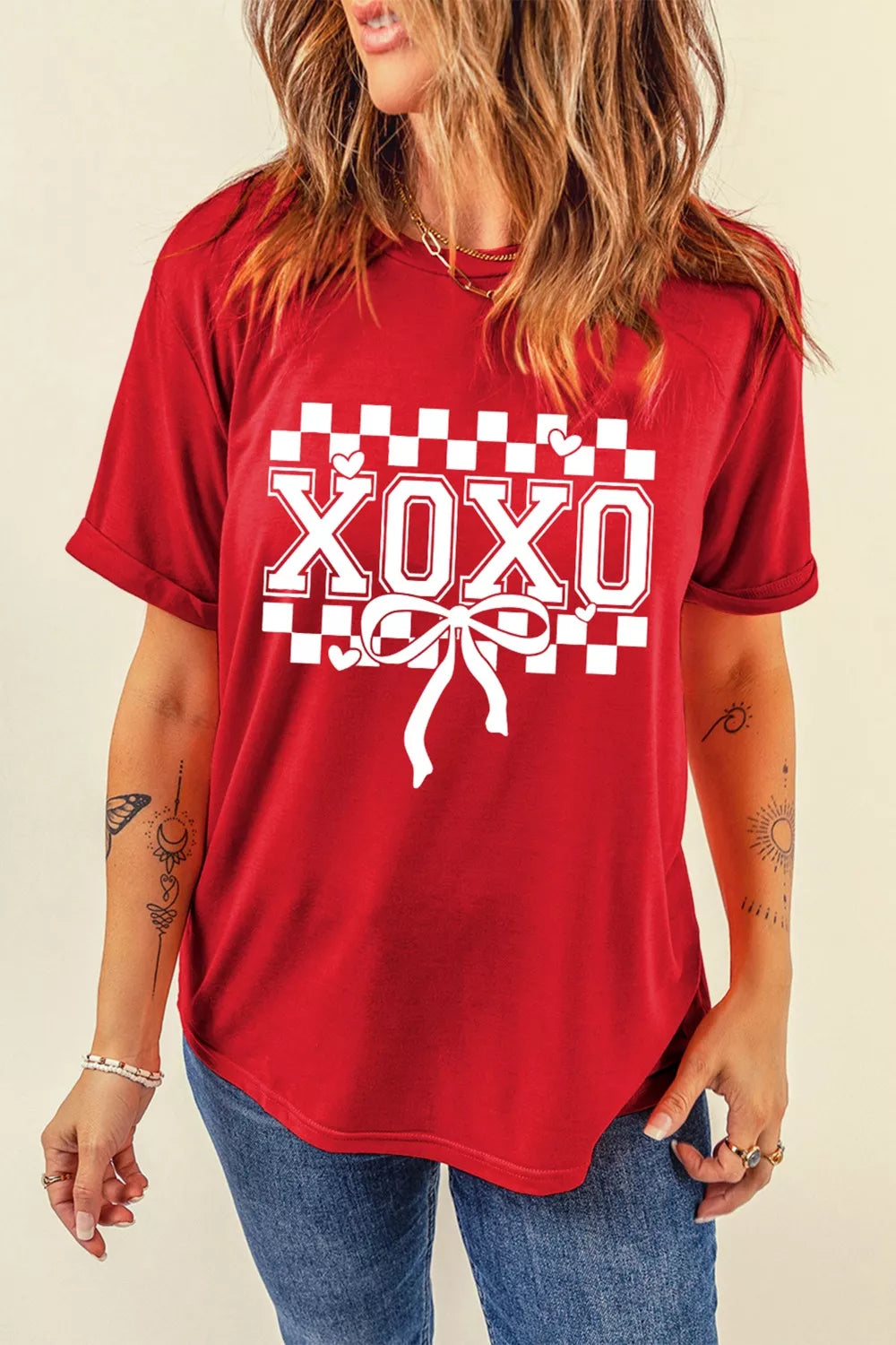 XOXO Checkered Ribbon Bow Print Valentines Day T Shirt OutfitFlow