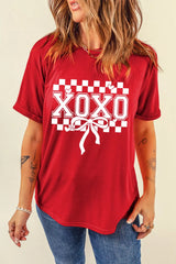 XOXO Checkered Ribbon Bow Print Valentines Day T Shirt OutfitFlow