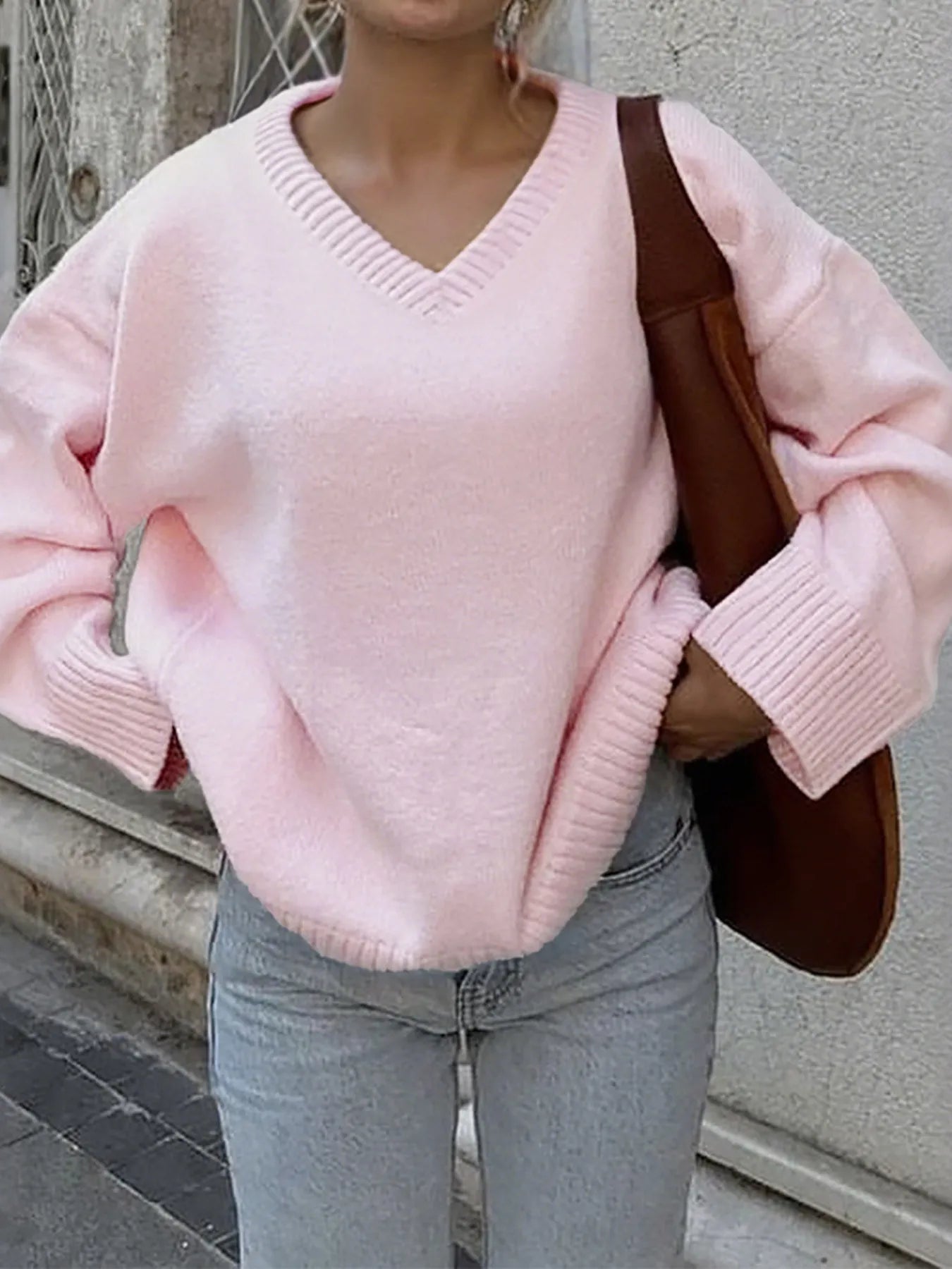 V-Neck Long Sleeve Sweater OutfitFlow