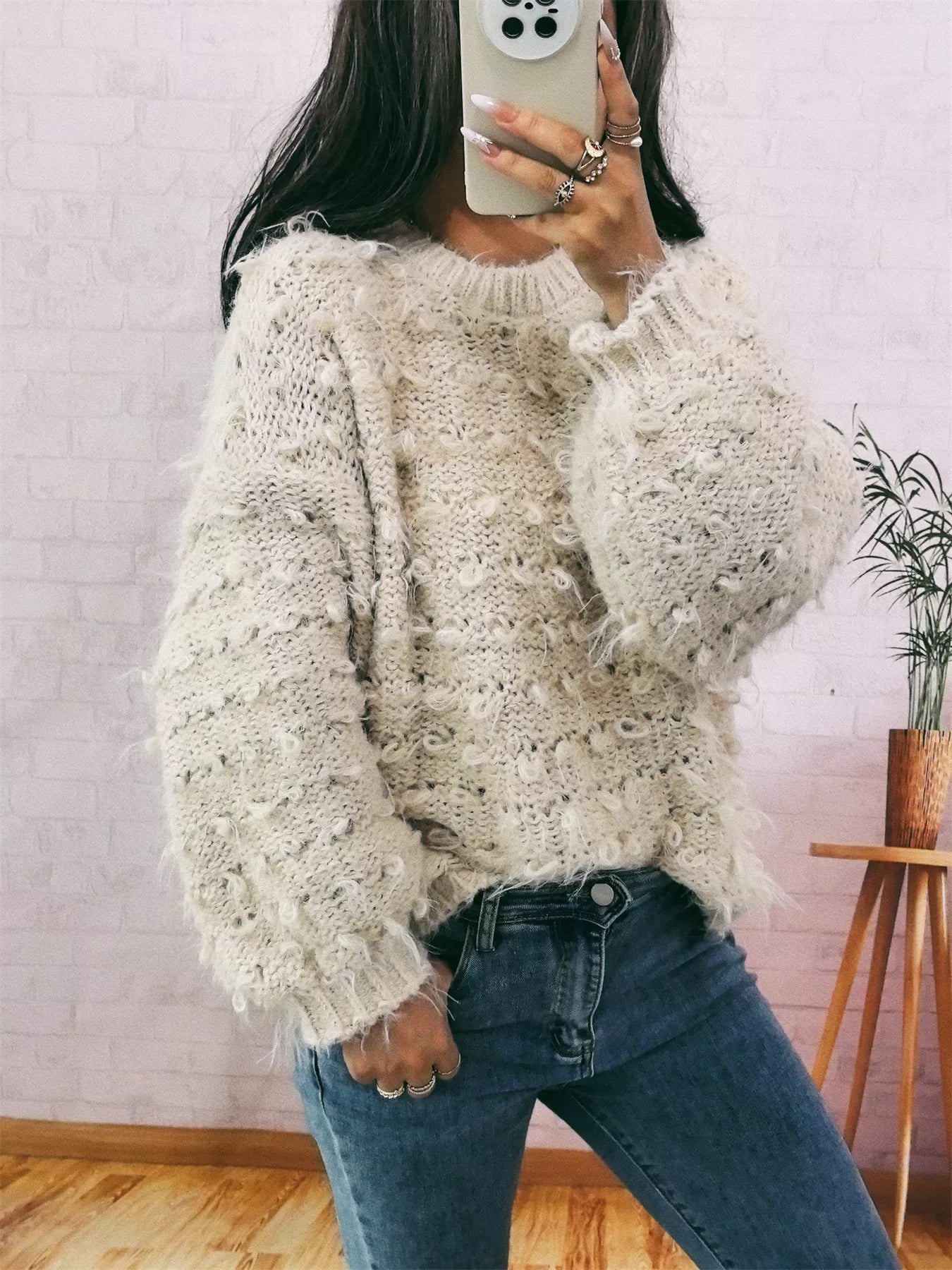 Chunky Round Neck Long Sleeve Sweater OutfitFlow