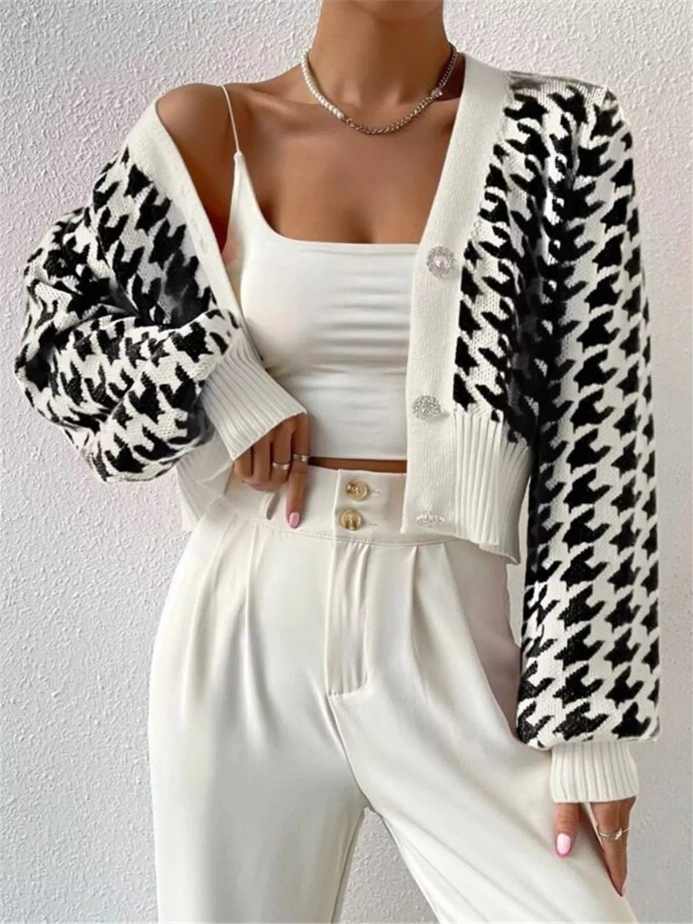Houndstooth V-Neck Button Up Cardigan OutfitFlow