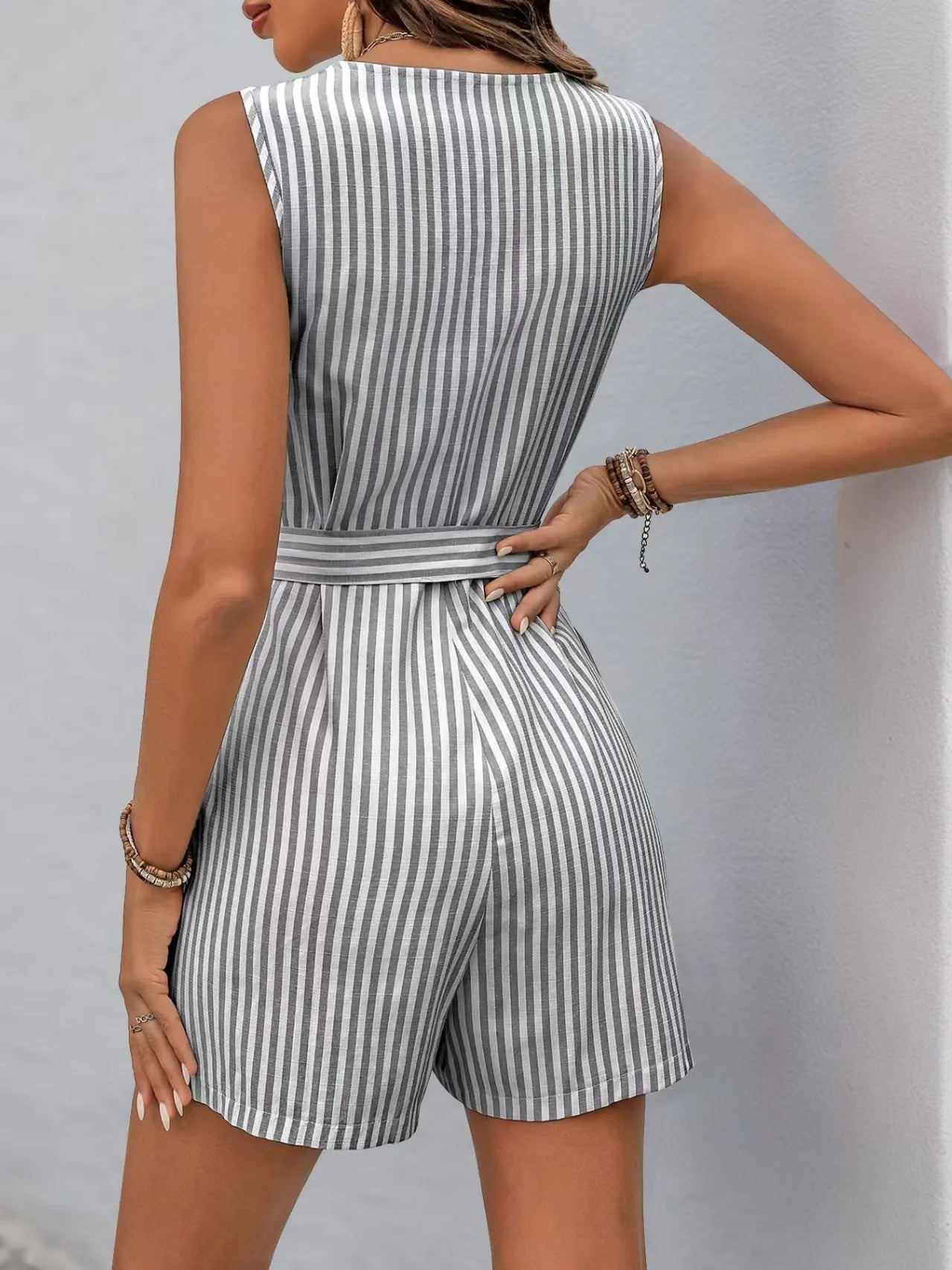 Striped V-neck Button Front Belted Romper OutfitFlow