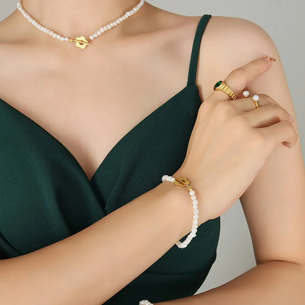 Titanium Steel Pearl Flower Bracelet OutfitFlow